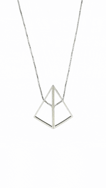 GIF showing the Rectangle Morph Necklace in brushed sterling silver, made of two triangles joined at the hypotenuse that can rotate to shifting the shape from rectangle to kite.