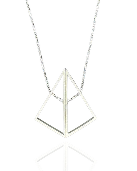 Morph Necklace in brushed sterling silver, made of two triangles joined at the hypotenuse that can rotate to shift the shape from rectangle to kite. Kite shape shown on white background.)