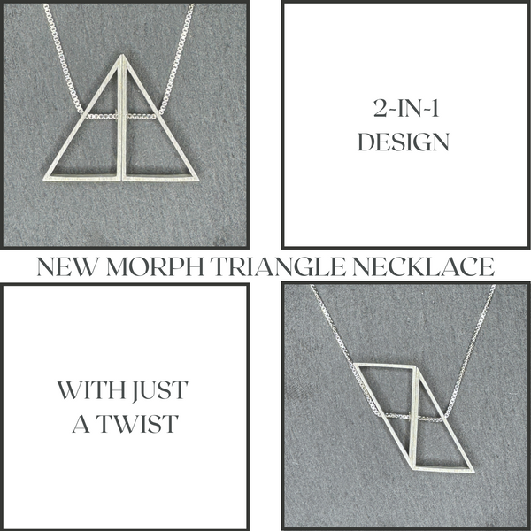Triangle Morph Necklace in brushed sterling silver, made of two triangles joined at the second largest side that can rotate to shift the shape from triangle to parallelogram.