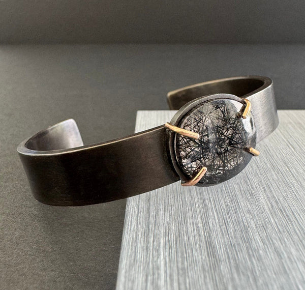 One of a Kind Cuff Bracelet in oxidized Sterling Silver, 14K Gold and Rutilated Brazilian Quartz