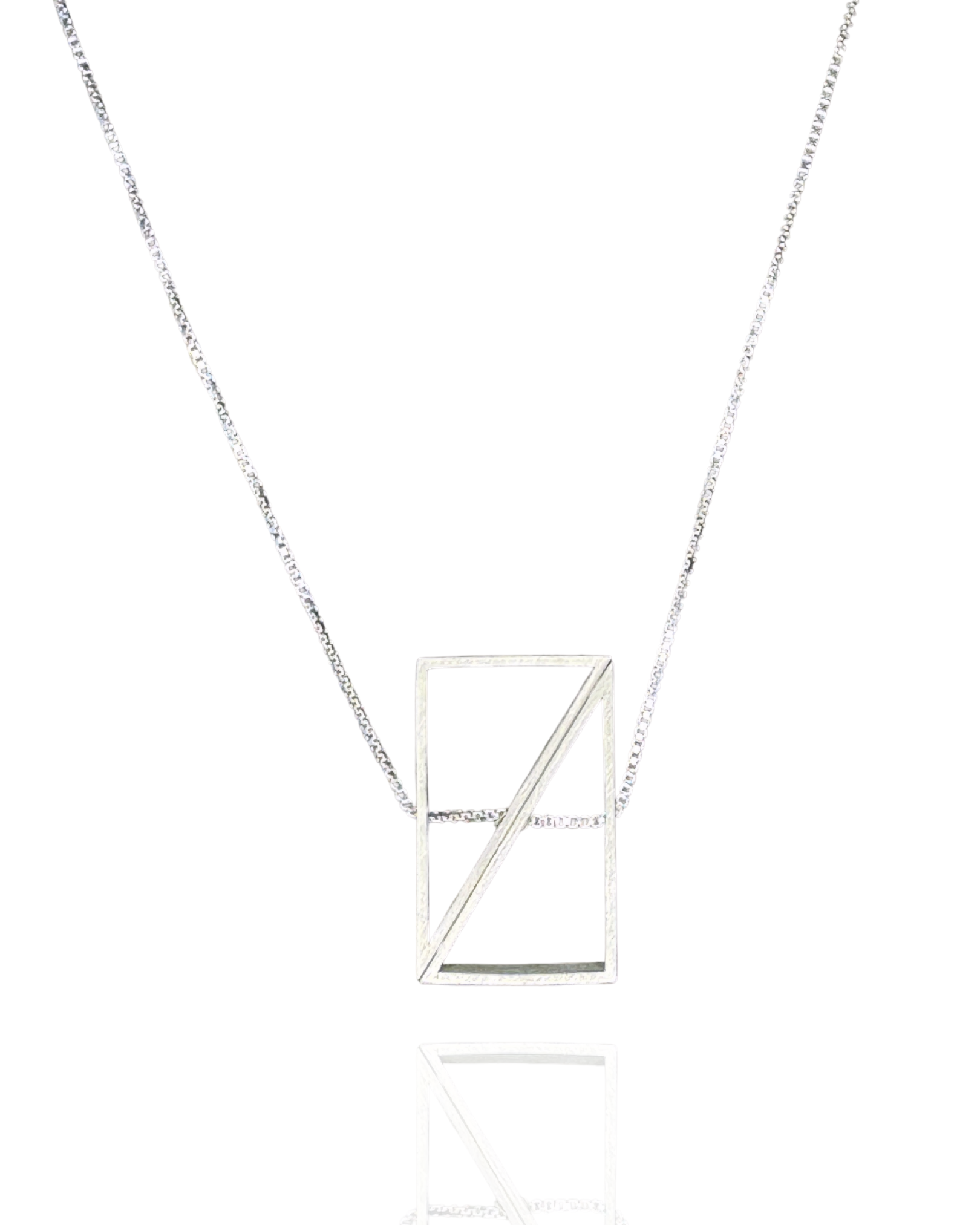 Rectangle Morph Necklace in brushed sterling silver, made of two triangles joined at the hypotenuse that can rotate to shift the shape from rectangle to kite.
