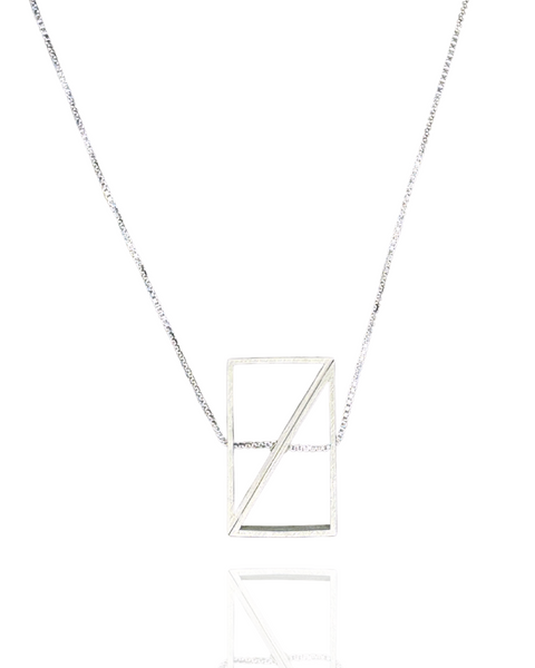 Rectangle Morph Necklace in brushed sterling silver, made of two triangles joined at the hypotenuse that can rotate to shift the shape from rectangle to kite.