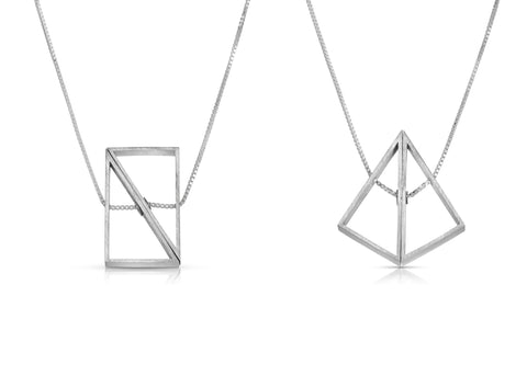 Transforming sterling silver necklace with a box chain shown in the rectangle position and kite position.