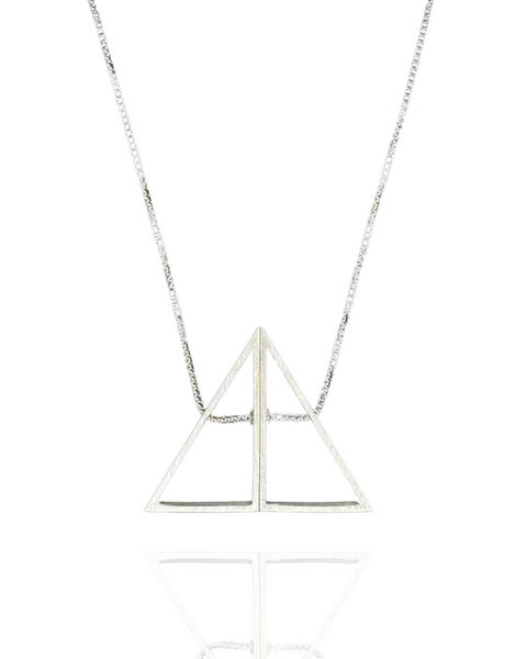 Triangle Morph Necklace in brushed sterling silver, made of two triangles joined at the second largest side that can rotate to shift the shape from triangle to parallelogram.